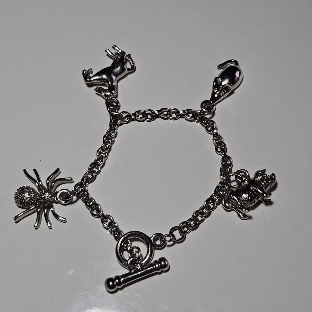 Silver Tone Spider Pig Mouse Horse Charm Toggle Bracelet 6